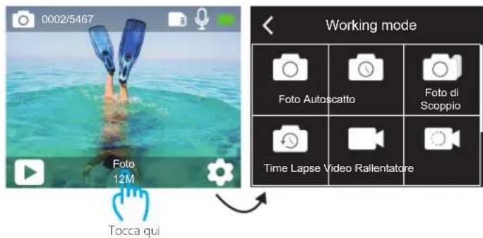 0002/5467 Foto 12M Tocca qui Working mode Foto Autoscatto Foto di Scoppio Time Lapse Video Rallentatore