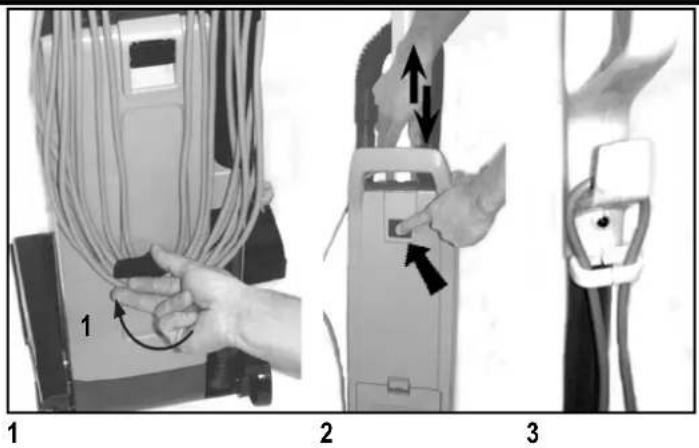 Diagram showing three steps of cable installation: wire being inserted, moving to a device, and holding a plug.