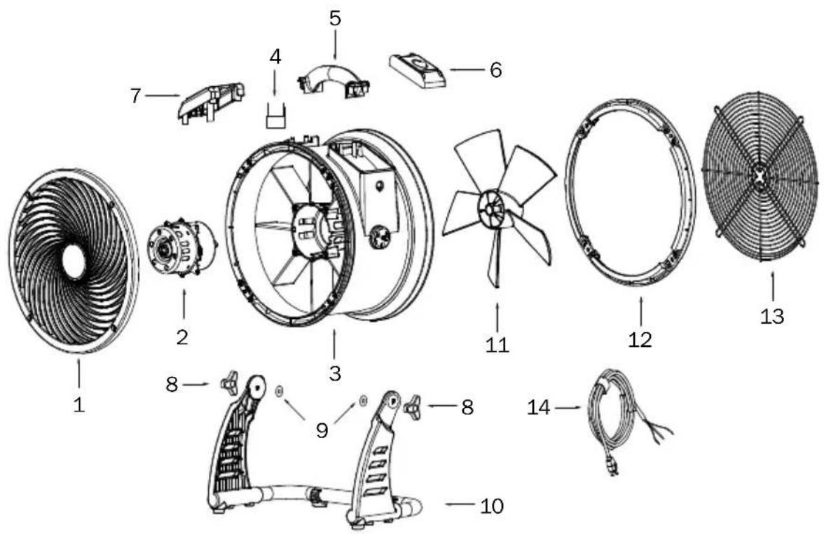 Exploded diagram of a fan assembly with numbered parts for identification