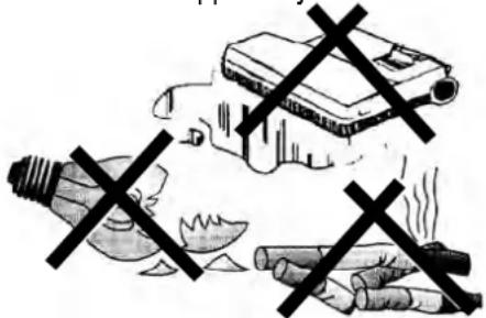 Illustration showing a broken light bulb and a cigarette with crossed-out black X marks, symbolizing hazardous substances.
