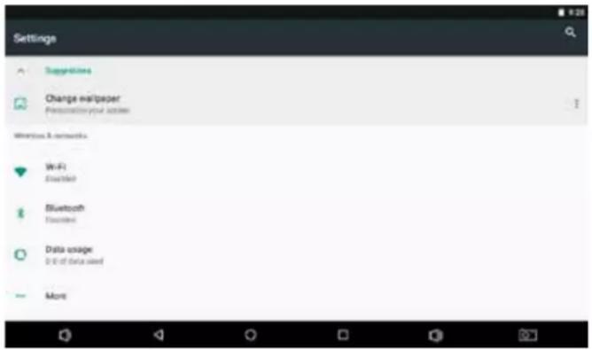 Settings Suggestions Change wallpaper Personalizing your location Wireless & networks WiFi Disabled Bluetooth Disabled Data usage 0.0 of data used More
