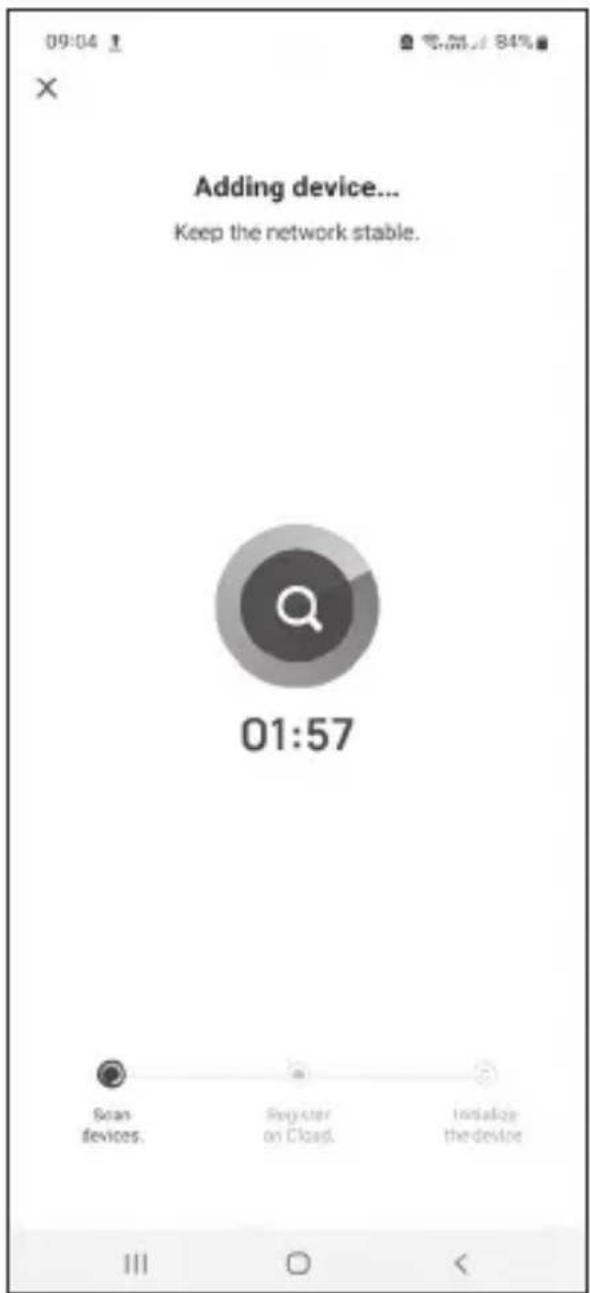 Adding device... Keep the network stable. 01:57 Scan devices. Register on Cloud. Initialize the device.