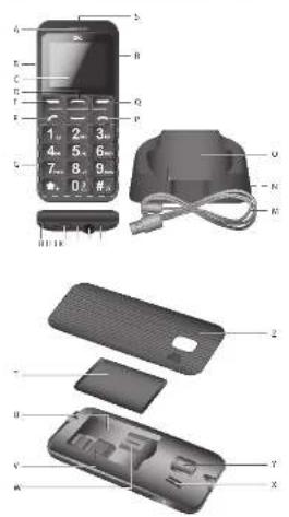 Exploded view diagram of a mobile phone showing internal components and labeled parts