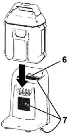 Technical diagram of a device with labeled parts, showing a top view and internal components with numbered annotations.