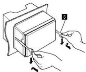 KENWOOD DMX718WBTL - Retirez l'appareil en insérant les deux clés d'extraction (8), puis tirez de la façon illustrée. - 1