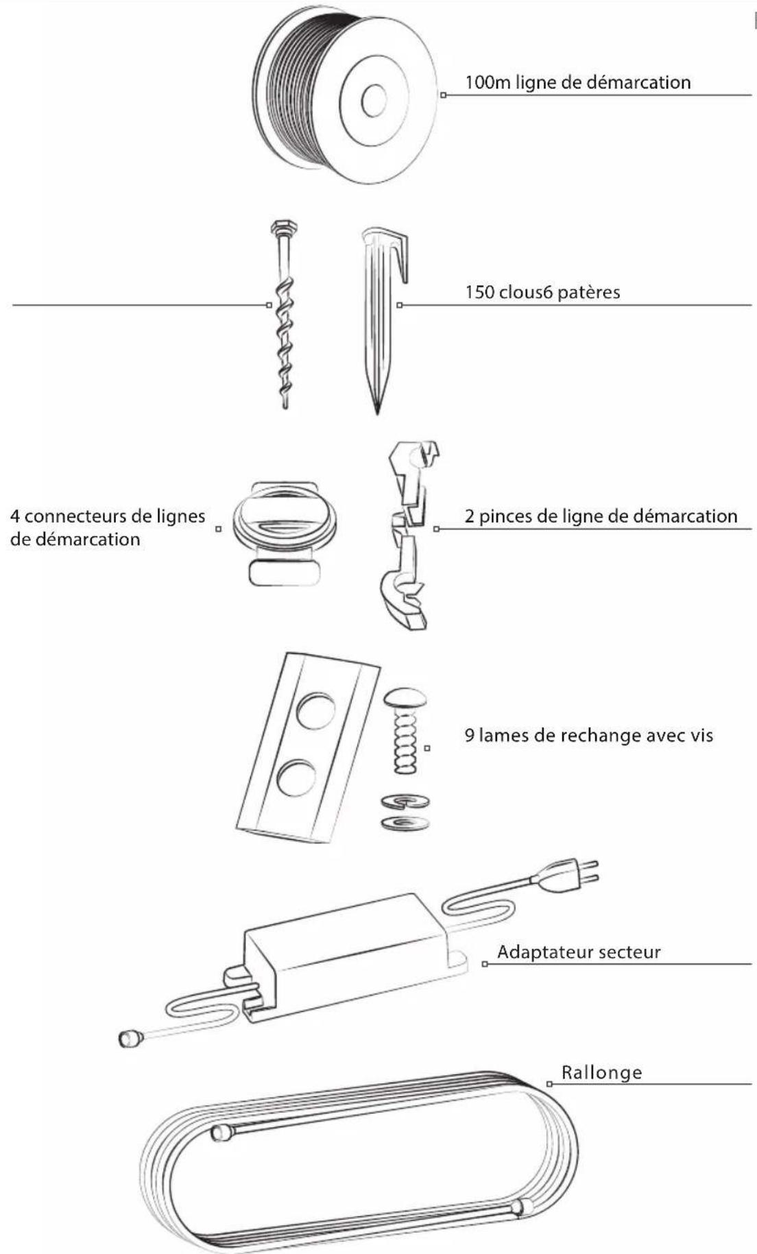 100m ligne de démarcation 150 clous6 patères 4 connecteurs de lignes de démarcation 2 pinces de ligne de démarcation 9 lames de rechange avec vis Adaptateur secteur Rallonge