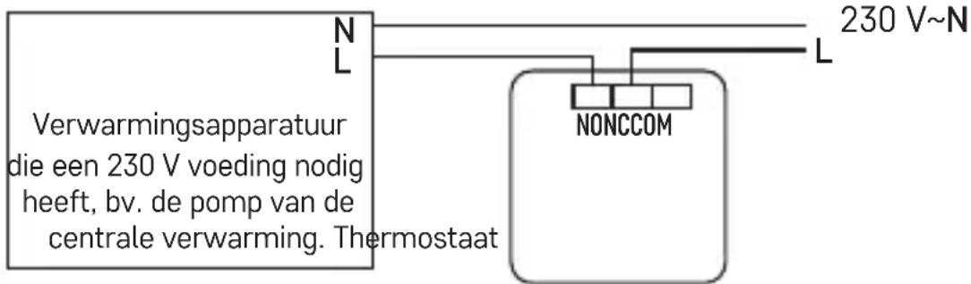 N L 230 V~N Verwarmingsapparatuur die een 230 V voeding nodig heeft, bv. de pomp van de centrale verwarming. Thermostaat NONCCOM