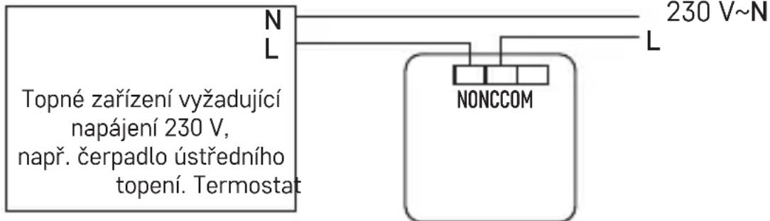 Topné zařízení vyžadující napájení 230 V, např. čerpadlo ústředního topení. Termostat N L NONCCOM 230 V~N L