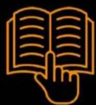 Illustration of a hand pointing at an open book with horizontal lines representing text on pages (no actual text or symbols)