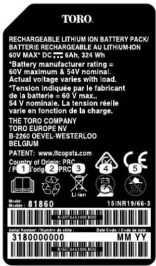 TORO. RECHARGEABLE LITHIUM ION BATTERY PACK/ BATTERIE RECHARGEABLE AU LITHIUM ION 60V MAX* DC 6Ah, 324 Wh *Battery manufacturer rating = 60V maximum & 54V nominal. Actual voltage varies with load. *Tension indiquée par le fabricant de la batterie = 60 V max., 54 V nominale. La tension réelle varie en fonction de la charge. THE TORO COMPANY TORO EUROPE NV B-2260 OEVEL-WESTERLOO BELGIUM PATENT: www.ltcopats.com Country of Origin: PRC /P 1 Jorig 2 PRC 3 Li-ion Model: Model: 81860 15/INR19/66-3 Serial Number / Numbers de texte : Date Code / Code de date 3180000000 MM YY BEST FAIR DOG NOTE