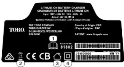 LITHIUM-ION BATTERY CHARGER CHARGEUR DE BATTERIE LITHIUM-ION Input: 100V - 200V AC 100W - 60Hz 3A Output: 46V DC 75A Backed Protection / Protection centre is valeur d'énergie TORO. THE TORO COMPANY TORO EUROPE NV B-3249 GEVEL-WESTERLOO BELGIUM Country of Origin: PRC / Pays d'origine : PRC PATENT: www.thopats.com 1 81802 CE CB 3 4 31800000 MM Y/Y