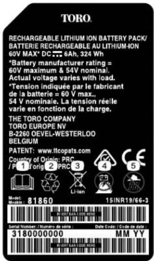 TORO. RECHARGEABLE LITHIUM ION BATTERY PACK/ BATTERIE RECHARGEABLE AU LITHIUM ION 60V MAX* DC 6Ah, 324 Wh *Battery manufacturer rating = 60V maximum & 54V nominal. Actual voltage varies with load. *Tension indiquée par le fabricant de la batterie = 60 V max., 54 V nominale. La tension réelle varie en fonction de la charge. THE TORO COMPANY TORO EUROPE NV B-2260 OEVEL-WESTERLOO BELGIUM PATENT: www.itcopats.com Country of Origin: PRC /P 1'orig 2' PRC 3 Model: 81860 15INR19/66-3 Serial Number / Numbers de date : Date Code / Code de date 3180000000 MM YY INVEST BANK CODE