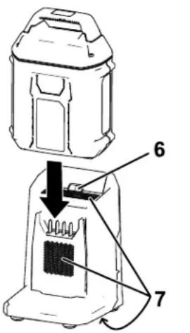 Technical diagram of a device with labeled parts, showing a top view and internal components with arrows indicating movement or assembly.