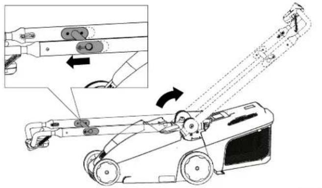 Technical diagram of a manual lawn mower with labeled components and directional arrows indicating motion or assembly.