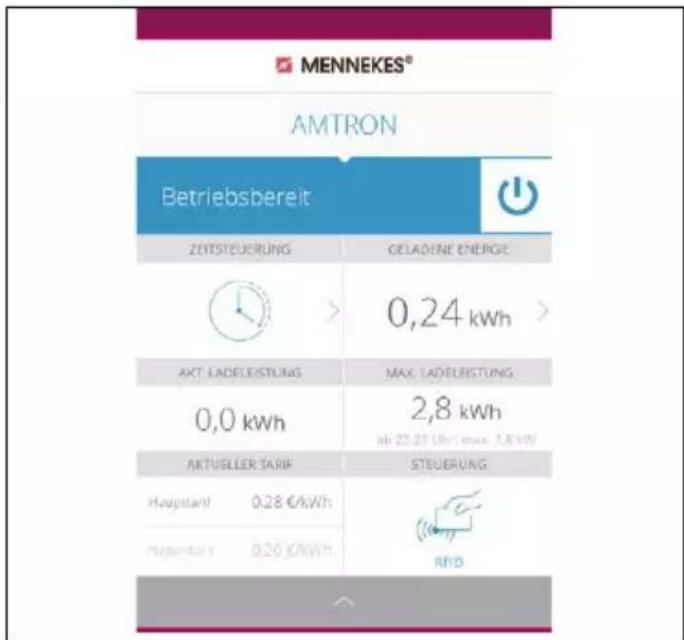 MENNEKES® AMTRON Betriebsbereit ZEITSTEUERUNG GELADENE ENERGIE 0,24 kWh AKT. LADELRISTUNG MAX. LADELRISTUNG 0,0 kWh 2,8 kWh dih 23.29 Uhr max 1,8 kWh AKTUELLER TARIF STEUERUNG Hauptzahl 0,28 €/kWh Nichtzahl 0,26 €/kWh R&D