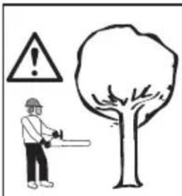 Safety warning illustration showing a worker using a power saw next to a tree with a warning symbol