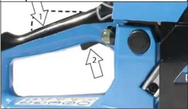 Close-up of a blue industrial machine handle with numbered annotations indicating parts of the component.