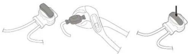 Three-step diagram showing cable installation steps: wire connection, clamp placement, and plug attachment (no text or symbols)