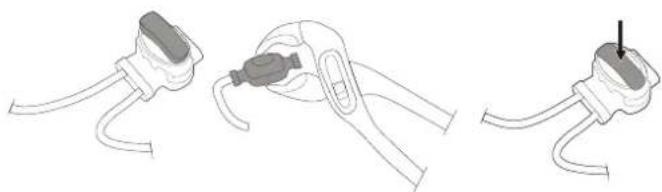 Three-step diagram showing cable installation steps: wire connection, clamp placement, and plug attachment (no text or symbols)