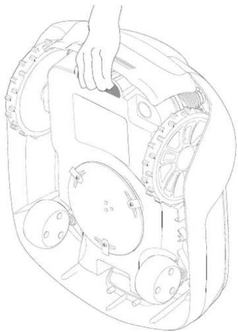 Line drawing of a robotic vehicle with visible wheels and a hand adjusting the component (no text or symbols)