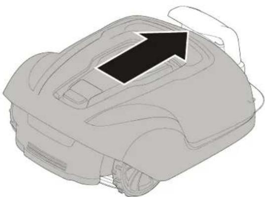 Line drawing of a robotic vacuum cleaner with a hand adjusting the cover (no text or symbols)