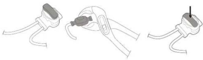 Three-step diagram showing a cable clamp holding a plug, with one being inserted and the other holding a plug (no text or symbols present)
