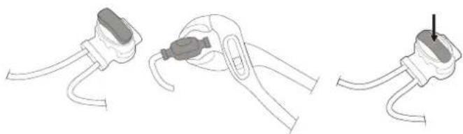 Three-step diagram showing cable installation steps: wire connection, clamp placement, and plug attachment (no text or symbols)