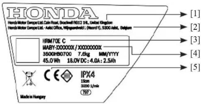 HONDA Honda Motor Europe Ltd. Cain Road, Bracknell RG12 3HL, United Kingdom Honda Motor Europe Ltd. - Asst Office, Wijngaardweld: (Record 1), 9300 Asst, Belgium HRM70E C MABY-300000X / X000000X 3600HB0700 7.6kg MM/YYYY 45.0Wh 18.0V DC: 4.0A: 2.5Ah Made in Hungary IPX4 15cm 3500 1/mix 797 [1] [2] [3] [4] [5]