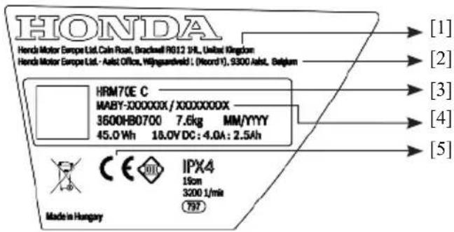 HONDA Hendra Motor Europe Ltd. Cain Road, Brackwell R012 1HL, United Kingdom Hendra Motor Europe Ltd. - Auto Office, Wijiguardsveld (Record Y), 9300 Auto, Belgium HRM70E C MABY-XXXXXX / XXXXXXXX 3600HB0700 7.6kg MM/YYYY 45.0 Wh 18.0V DC: 4.0A: 2.5Ah IPX4 15cm 3200 1/mix 797 Made in Hungary [1] [2] [3] [4] [5]