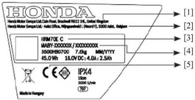 HONDA Honda Motor Europe Ltd. Cain Road, Brackwell RG12 9HL, United Kingdom Honda Motor Europe Ltd. - Astol Office, Wijgquardwrd1 (Nord7), 9300 Astol, Belgium HRM70E C MABY-300000X / X000000X 3600HB0700 7.6kg MM/YYYY 45.0Wh 18.0V DC: 4.0A: 2.5Ah Made in Hungary IPX4 15cm 3200 1/mix 797 [1] [2] [3] [4] [5]