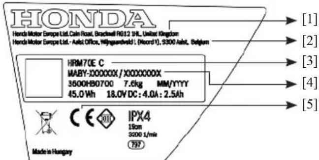 HONDA Honda Motor Europe Ltd. Cain Road, Brackell R012 9HL, United Kingdom Honda Motor Europe Ltd. - Asti Office, Mjnguardsveld: (Record 1), 9300 Asti, Belgium HRM70E C MABY-300000X / X000000X 3600HB0700 7.6kg MM/YYYY 45.0Wh 18.0V DC: 4.0A: 2.5Ah Made in Hungary IPX4 15cm 3000 t/mix 797 [1] [2] [3] [4] [5]