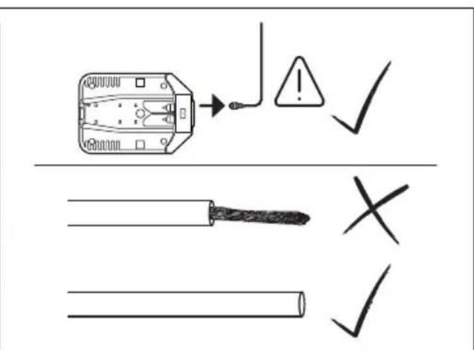 Safety warning diagram showing a device with warning symbol and three safety symbols: check, cross, and checkmark.