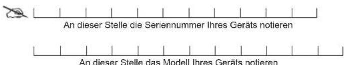 An dieser Stelle die Seriennummer Ihres Geräts notieren An dieser Stelle das Modell Ihres Geräts notieren