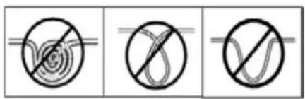 Three diagrams showing a circular object with a diagonal line crossing through it, and two crossed-out shapes with wavy lines, each enclosed in a circle.
