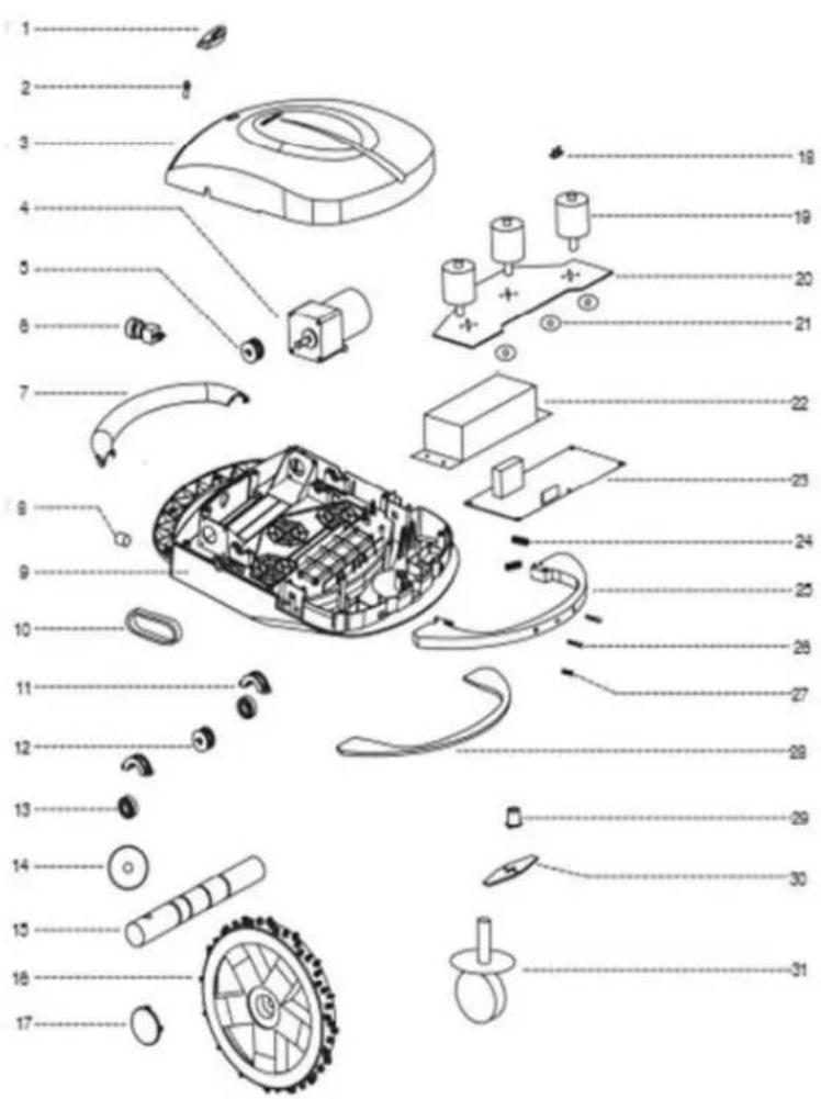 Exploded view diagram of a robotic device with numbered parts and labeled components