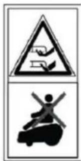 Warning sign with pictograms showing a hand holding a device and a person on a vehicle below, indicating safety or hazard.