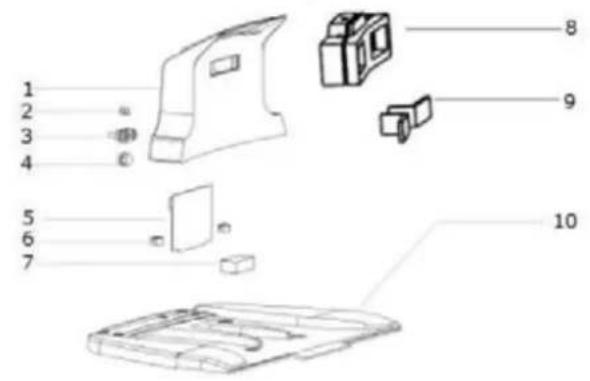 Exploded view diagram of a device showing exploded and assembled parts with numbered labels