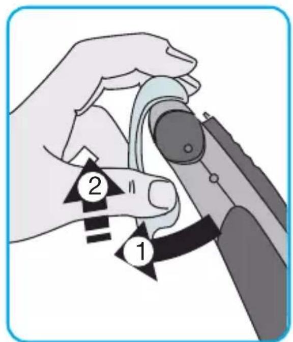 Diagram showing a hand operating a tool with labeled parts 1 and 2, indicating a step in the process.