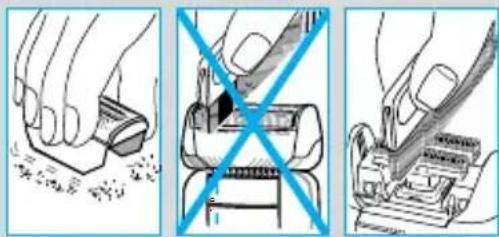 Illustration showing three steps of a hand using a tool to cut or remove a surface, with a blue X mark indicating the process.