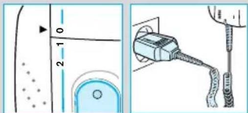 Technical diagram showing a water tank with height measurement and a cable installation with a plug, alongside its schematic view.