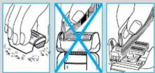 Illustration showing three steps of a hand using a tool to cut or remove a component, with a blue X symbol indicating crossed-out or unbroken state.