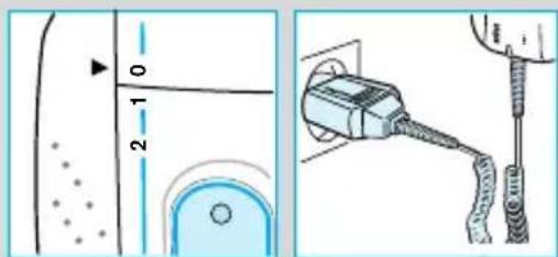 Technical diagram showing a device connected to a plug with labeled parts and a scale indicator