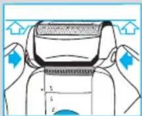 Diagram showing a device's top view with labeled parts and directional arrows indicating motion or force.