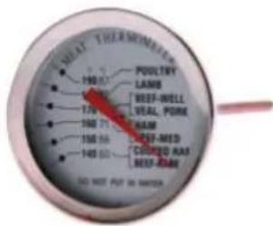 THERMOMETER Poultry LAMB BEEF-WELL WEAL FORNE BAR BEEF-MED COLDING ASIS BEEF-RAW NO NOT PUT IN MANNER