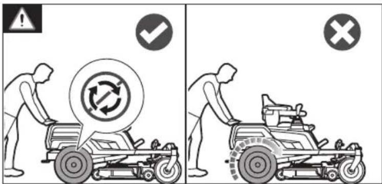 Diagram illustrating two safety scenarios: one showing a person using a mobility device with a circular sign, the other showing a worker pushing a cart with a switch.