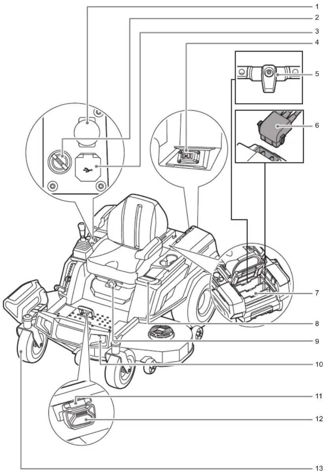 Technical diagram of a vehicle's internal components with numbered labels pointing to various parts like electrical connectors, motors, and sensors.