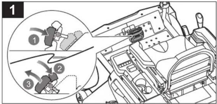 Technical diagram showing mechanical assembly steps with numbered annotations indicating motion directions