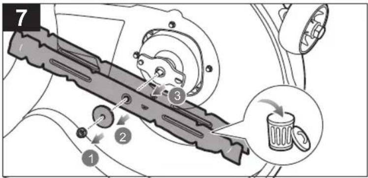 Technical diagram of a mechanical assembly with numbered components and a magnified inset showing a waste bin.