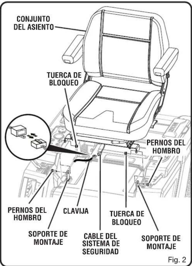 CONJUNTO DEL ASIENTO TUERCA DE BLOQUEO PERNOS DEL HOMBRO PERNOS DEL HOMBRO CLAVIJA SOPORTE DE MONTAJE CABLE DEL SISTEMA DE SEGURIDAD TUERCA DE BLOQUEO SOPORTE DE MONTAJE Fig. 2