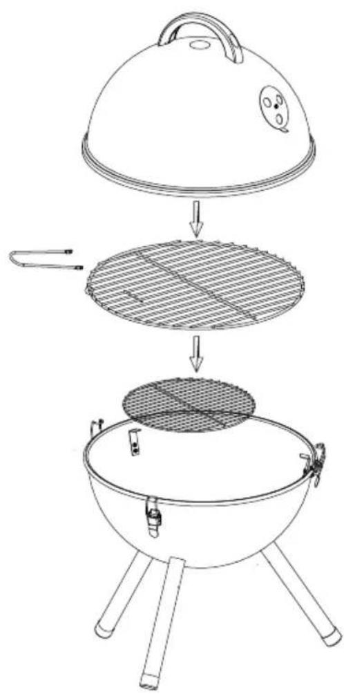 Diagram showing a cooking process with a lid, grating, and a pan on a tripod base, illustrating step-by-step cooking steps.